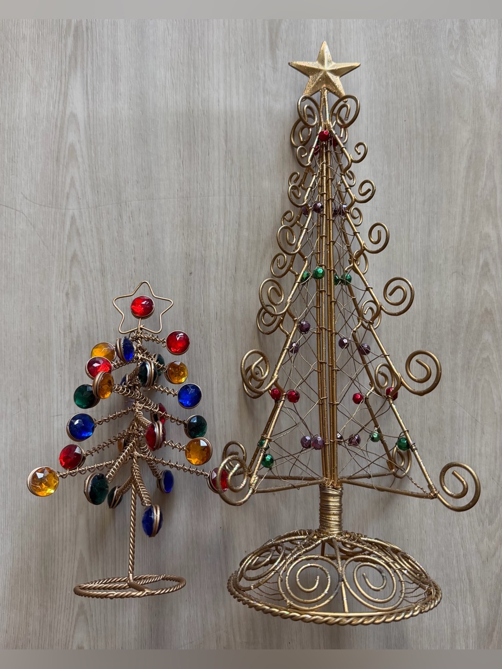 Vintage Metal Spiral Wire Christmas Trees Bead Faux Jewels Table Top Decor